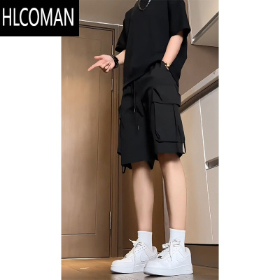 HLCOMAN黑色工装短裤男潮牌夏季薄款速干运动五分裤美式机能oversize裤子