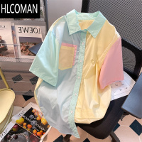 HLCOMAN小众高级感vintage撞色拼接短袖衬衫男女夏宽松别致bf风半袖衬衣