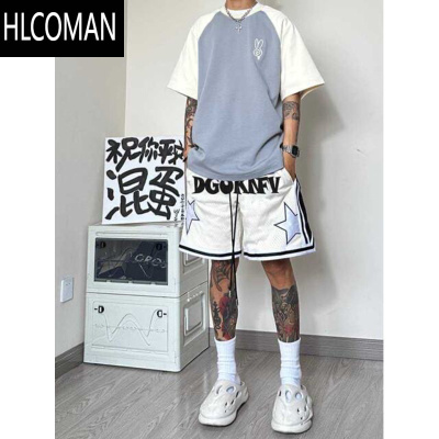 HLCOMAN美式篮球运动短裤男夏季设计感字母刺绣宽松网格透气休闲五分裤潮