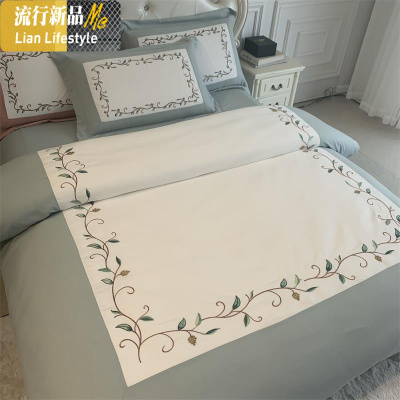 欧式60支长绒棉棉刺绣四件套棉简约春夏床单被套床笠床上用品 三维工匠