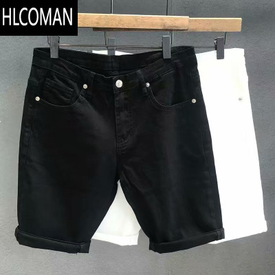HLCOMAN纯黑九分裤男潮流韩版高端休闲百搭牛仔短裤修身弹力中裤白色