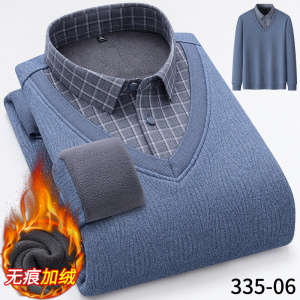 秋冬新款男士无痕衬衣假两件保暖长袖衬衫加绒保暖内衣潮_982