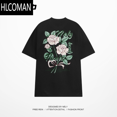 HLCOMAN美式复古玫瑰花短袖t恤男女夏季oversize宽松潮牌情侣款体恤上衣