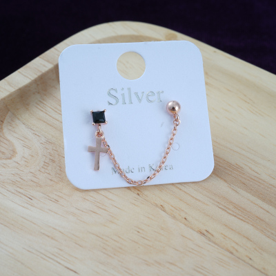 韩国进口耳环耳钉别致小巧十字架双耳洞耳链耳骨钉送女朋友老婆情人节七夕生日礼物