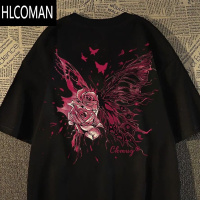 HLCOMAN短袖t恤男女同款夏季宽松创意蝴蝶玫瑰半袖百搭男装t
