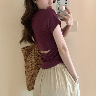辣妹设计感后背镂空修身短袖T恤女夏季韩版显瘦露背打底衫上衣女_1