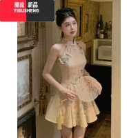 YIBUSHENG新中式国风旗袍复古挂脖连衣裙子女季高级感气质收腰小个子短裙