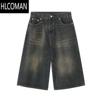 HLCOMAN夏季小众百搭美式复古做旧蓝牛仔短裤男宽松直筒阔腿七分裤垂坠感