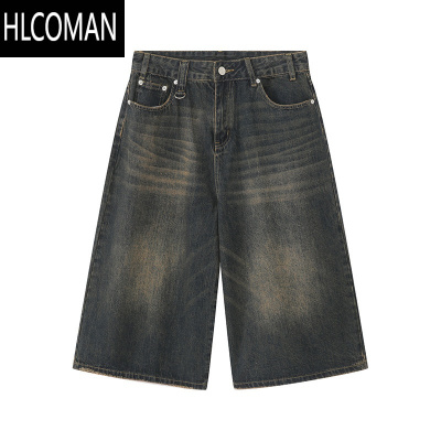 HLCOMAN夏季小众百搭美式复古做旧蓝牛仔短裤男宽松直筒阔腿七分裤垂坠感