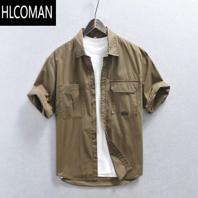 HLCOMAN夏季工装衬衫男Polo衫宽松衬衣男士美式复古短袖t恤