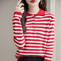 条纹打底衫女POLO领春秋新款精梳棉长袖T恤针织衫翻领宽松上衣潮