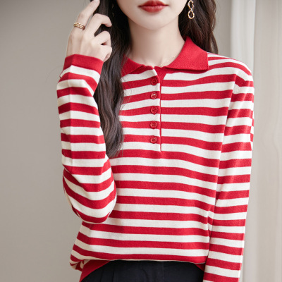 条纹打底衫女POLO领春秋新款精梳棉长袖T恤针织衫翻领宽松上衣潮