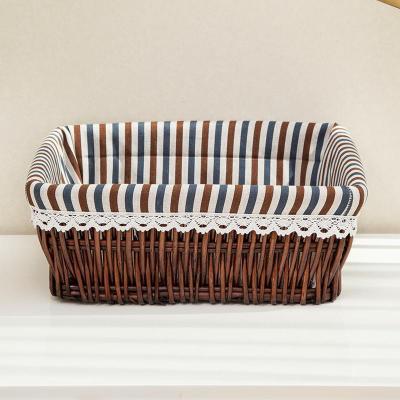 收纳筐藤编储物盒柳编篮子藤编果篮桌面零食整理盒杂物框编织布艺 咖啡色+条纹内衬 四号30X20X12
