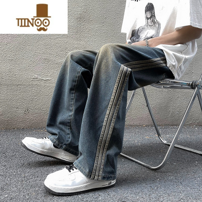 YANXU美式高街三杆牛仔裤男街头复古潮牌水洗做旧痞帅宽松直筒阔腿长裤