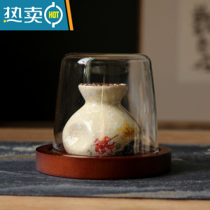 敬平日式牙签盒复古陶瓷牙签筒罐家用个性创意轻奢牙线收纳盒木质 樱花布袋(带玻璃盖+圆木底座)