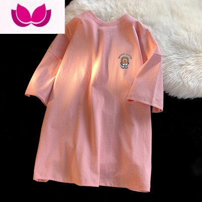 七斓短袖t恤女夏季宽松显瘦粉色五分半袖体恤打底衫简约百搭上衣