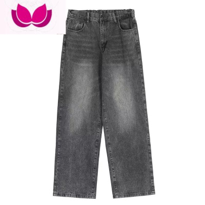 七斓美式高街复古烟灰色松紧腰牛仔裤男女拖地宽松直筒阔腿垂坠感裤子