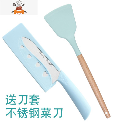 木柄硅胶锅铲汤勺套装家用厨房炒菜铲子不粘锅专用可高温厨具菜刀 敬平 北欧绿/铲+不锈钢蓝菜刀
