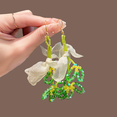 绿色森系串珠花朵耳钉女夏天2025新款海边度假风耳环夸张耳饰送女朋友老婆情人节七夕生日礼物