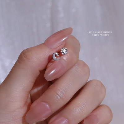 日月同辉耳钉女s999纯银简约百搭不对称太阳月亮足银耳饰小众设计送女朋友老婆情人节七夕生日礼物