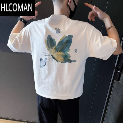 HLCOMAN夏季新款个性蝴蝶印花短袖t恤男青年痞帅修身百搭休闲体恤潮
