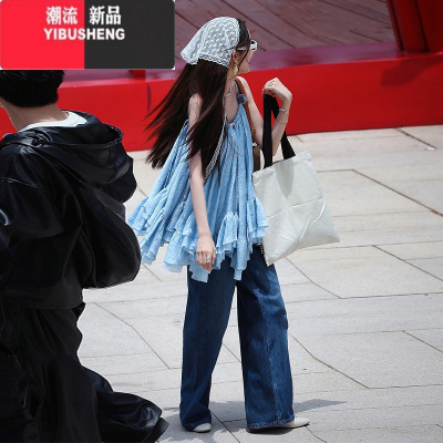 YIBUSHENG娜扎同款挂脖吊带连衣裙子季露背仙气海边度假仙女蓬蓬裙娃娃裙