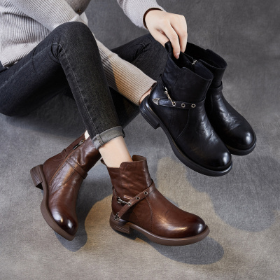 轻奢水洗牛皮烟筒靴瘦瘦靴冬季短靴粗跟厚底女靴子机车马丁靴