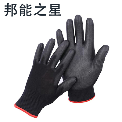 薄款黑PU涂指手套劳保防滑耐磨防尘尼龙纱线涂层透气带胶干活手套N52246