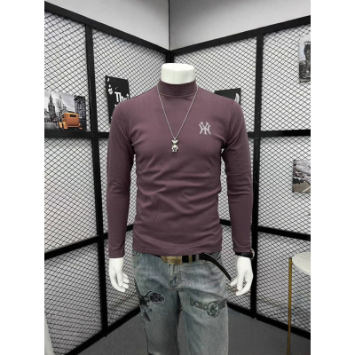 秋季新款长袖T恤半高领烫钻上衣青年时尚潮流修身百搭帅气打底衫t