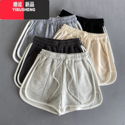 YIBUSHENG灰色短裤女休闲运动裤热裤运动短裤女款季松紧腰宽松阔腿裤裤子