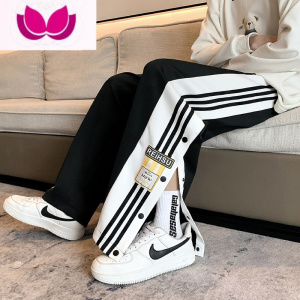 七斓春新款侧边半开排扣裤子男全开篮球条纹潮牌三条杠直筒休闲运动裤