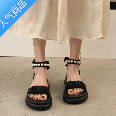 SUNTEK2023夏季新款凉鞋女韩版厚底松糕网红休闲魔术贴罗马鞋蝴蝶结凉鞋