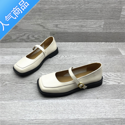 SUNTEK复古玛丽珍小皮鞋女2023夏款小香风粗跟浅口百搭一字扣乐福鞋