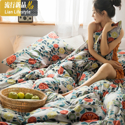 ins风小清新棉针织棉四件套印花简约时尚棉被套床单床上用品 三维工匠