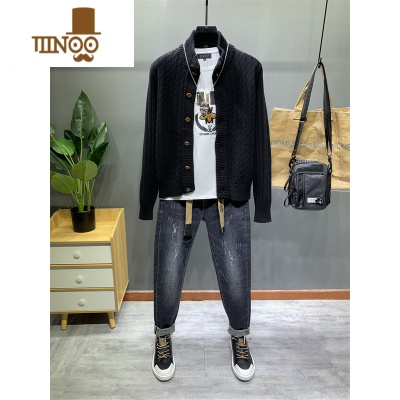 YANXU男士翻领纯色韩版毛衣外套青年大码百搭潮流针织衫帅气开衫