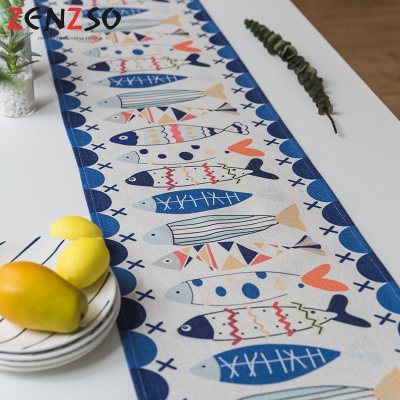 家柏饰(CORATED)北欧S风棉麻布艺茶几电视柜客厅餐桌布盖巾床尾旗桌旗 多彩鱼桌旗 35*180cm