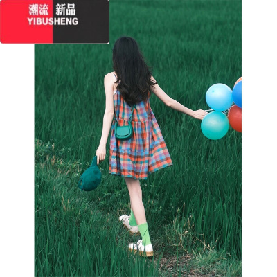 YIBUSHENG文艺森系彩虹格子吊带连衣裙天多巴胺小个子海边旅行穿搭娃娃裙