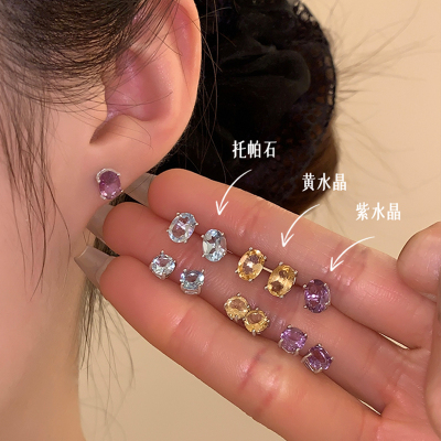 天然水晶纯银耳钉养耳洞睡觉不用摘防过敏招财转运耳环高级感送女朋友老婆情人节七夕生日礼物