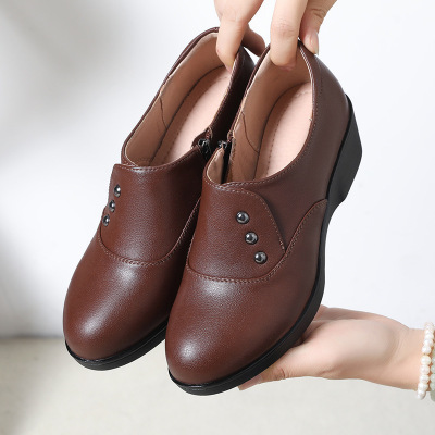 真皮圆头复古风中口单鞋女春秋新款法式软底奶奶鞋四季晚晚鞋
