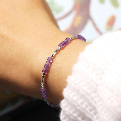 纯银简约女款轻奢紫罗兰色乌拉圭天然冰透方珠紫水晶方银珠手链送女朋友老婆情人节七夕生日礼物