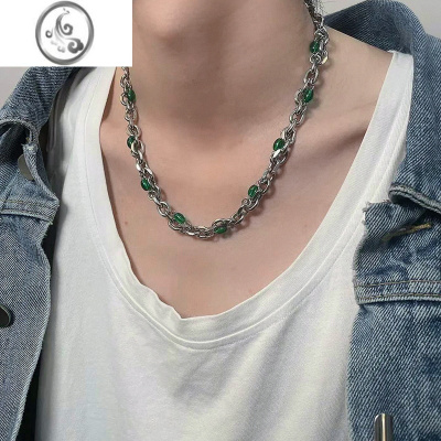 JiMi重工钛钢民族风绿珠项链男款潮百搭设计感小众古巴链子男士锁骨链