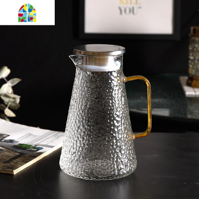 北欧风冷水壶家用玻璃凉白开水壶凉水杯套装创意耐热高温水壶客厅 FENGHOU 1壶方柄+4锤纹直杯+墨绿小号托盘配凉水壶