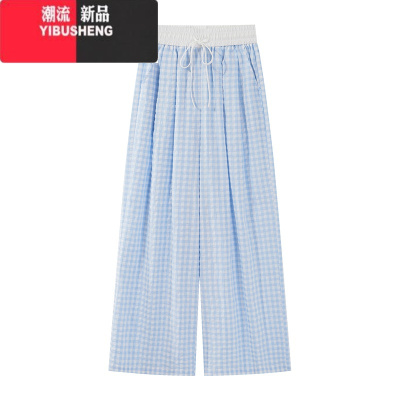 YIBUSHENG羊城故事 蓝色格子松紧腰抽绳休闲裤女季宽松显瘦直筒阔腿长裤