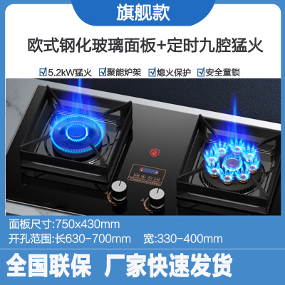 巧妙(QIAOMIAO)燃气灶家用天然气煤气灶双灶台式嵌入式两用9腔猛火灶:欧式大底板522B+鸳鸯猛火+定时+液化气