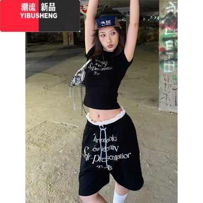 YIBUSHENG美式高街休闲短裤女季新款双腰头宽松黑色运动裤直筒五分裤子潮