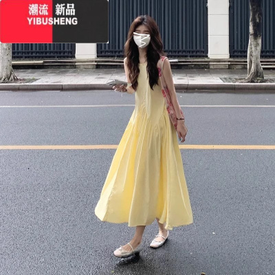 YIBUSHENG茶歇法式黄色无袖连衣裙子女装季2024新款气质高级感背心长裙
