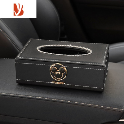 三维工匠车载纸巾盒时尚中控台镶钻车用座式皮革抽纸盒扶手箱创意装饰 黑奇奇头 带钻纸巾盒