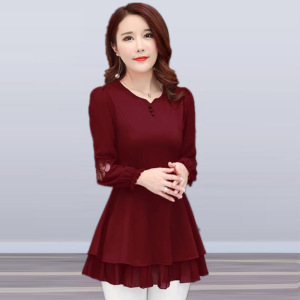 迪鲁奥(DILUAO)秋装新款大码雪纺衫女士中年人妈妈小衫灯笼袖打底衫裙摆收腰上衣服 酒红色 M