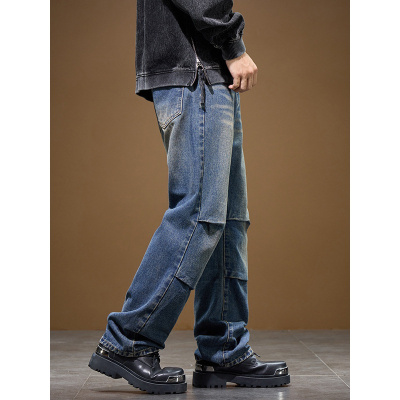 个性褶皱男士牛仔裤秋冬款时尚宽松高街复古水洗中腰直筒男裤