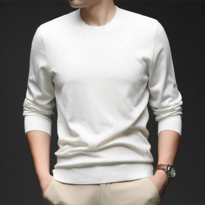 男士提花款条纹毛衣男士秋季新款青年长袖套头内搭针织衫